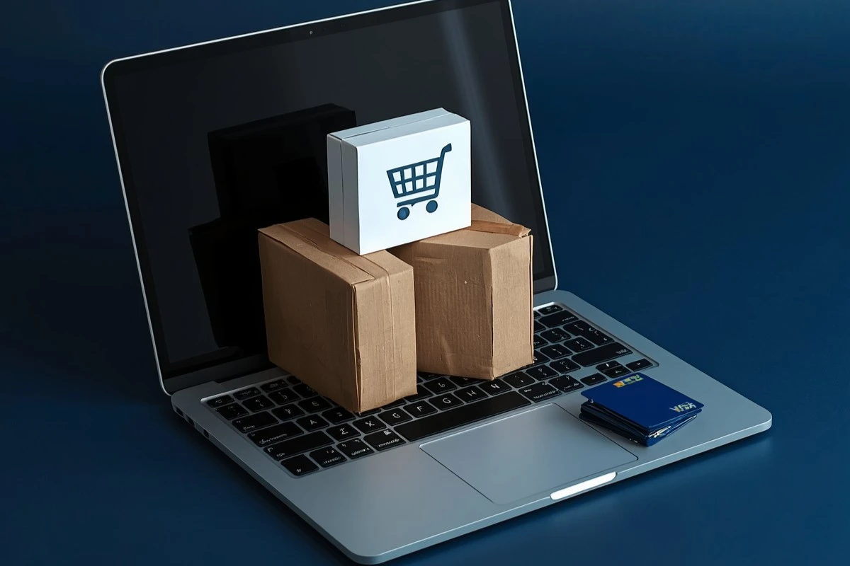 Webbshop och e-handel med paket och kreditkort på laptop